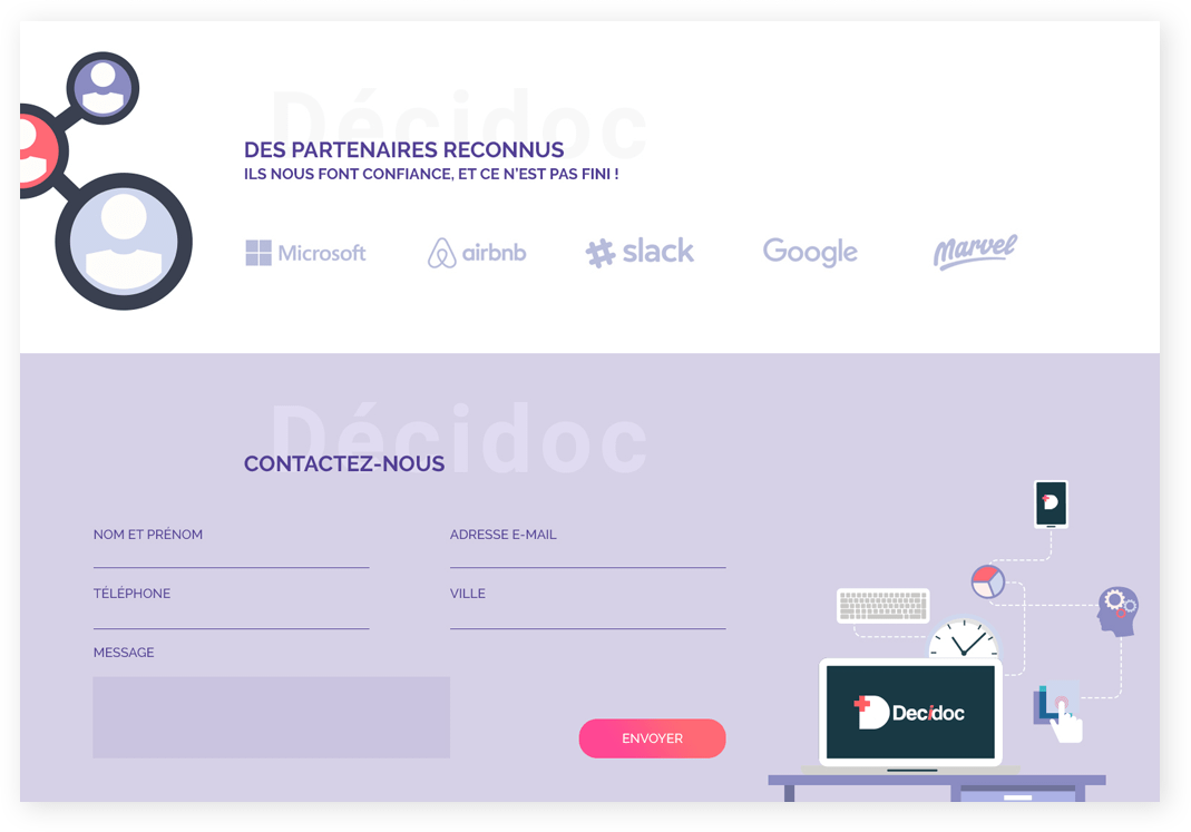 Mockup web de la page contact du site Decidoc