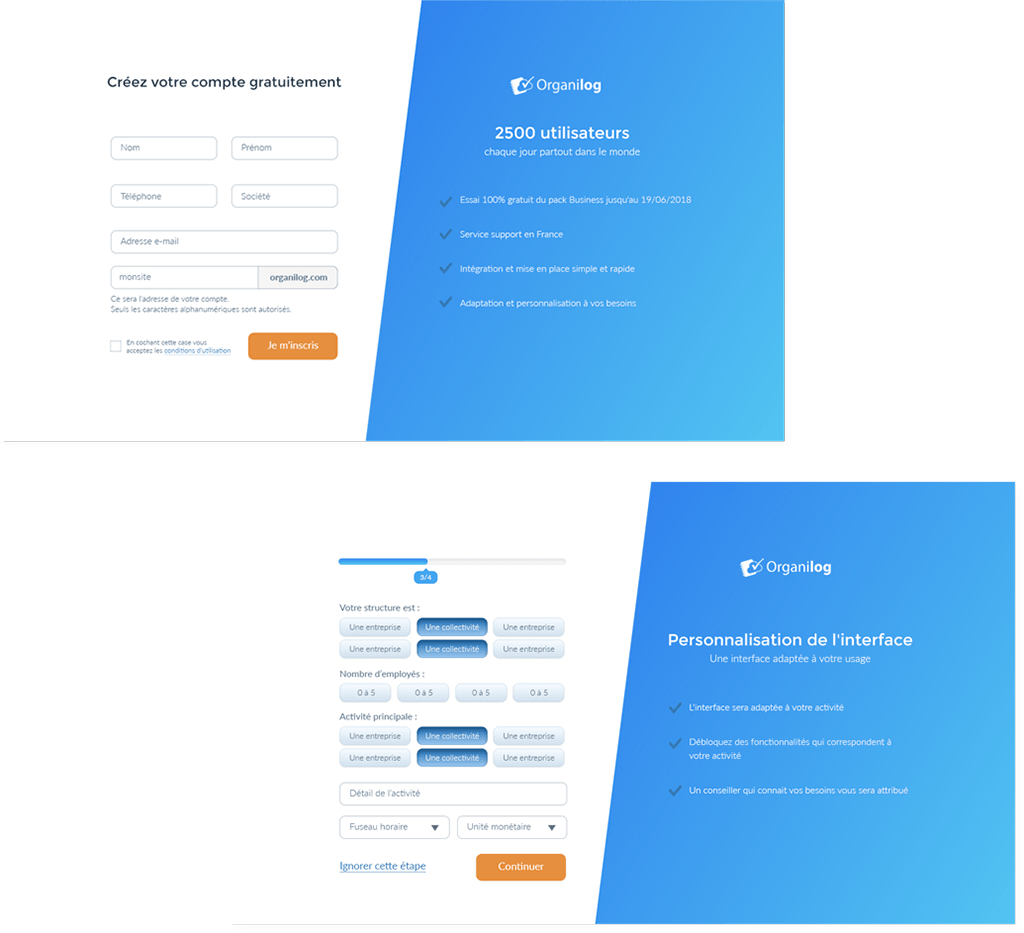 Formulaires d'inscription Organilog